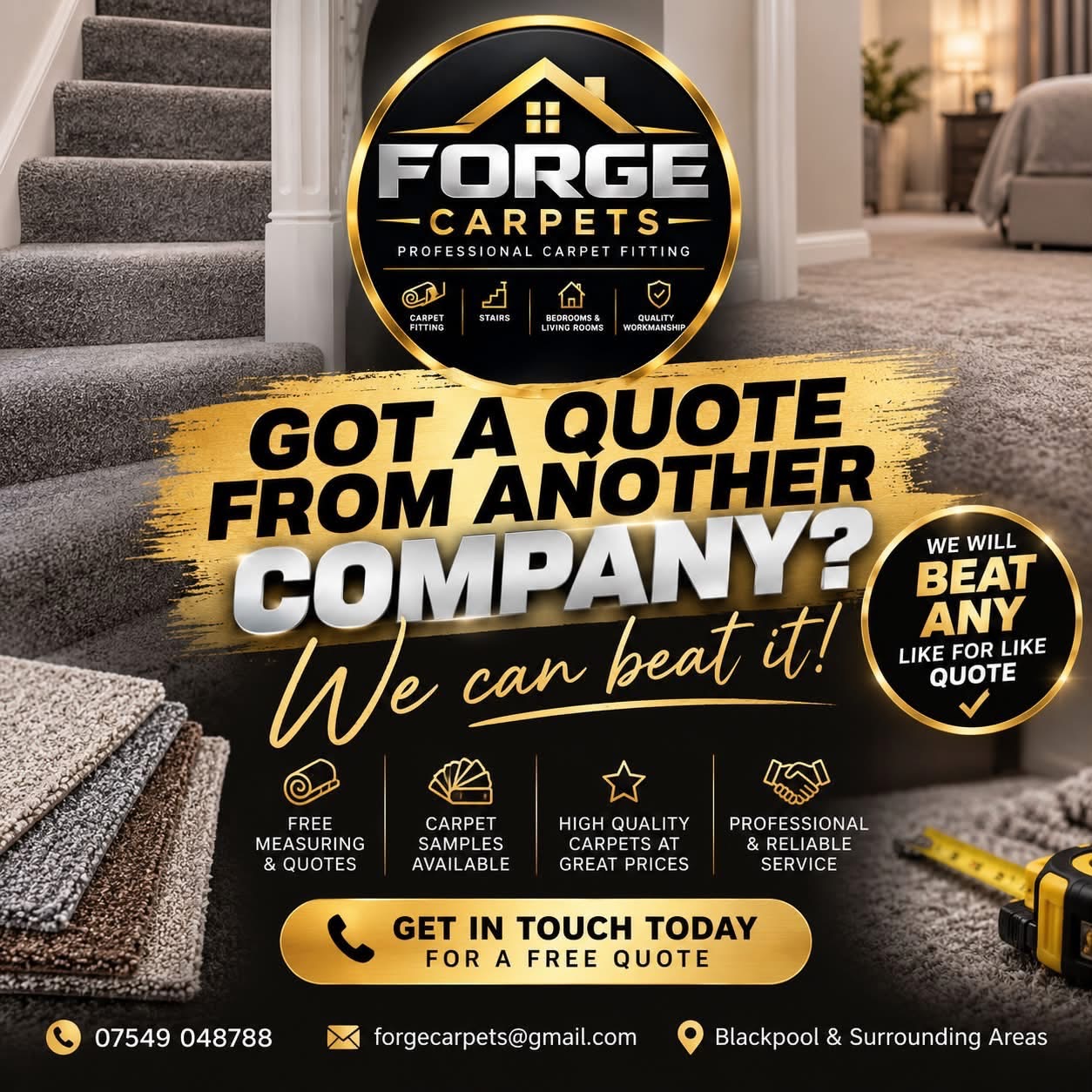 Forge Carpets black and gold flyer showing carpeted stairs and carpet samples, with a like-for-like quote offer